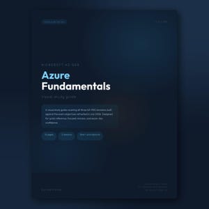 Op de afbeelding: Een donkerblauwe digitale studiegids getiteld Microsoft AZ-900 Azure Fundamentals. De tekst bevat Visual study guide, een beschrijving van de drie domeinen en labels voor 12 pagina's, 3 domeinen en dark en print edities.