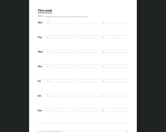 May include: A white digital weekly meal planner template on a dark background. The document features a header titled This week, followed by seven rows for each day of the week, each containing spaces labelled B, L, and D for breakfast, lunch, and dinner.