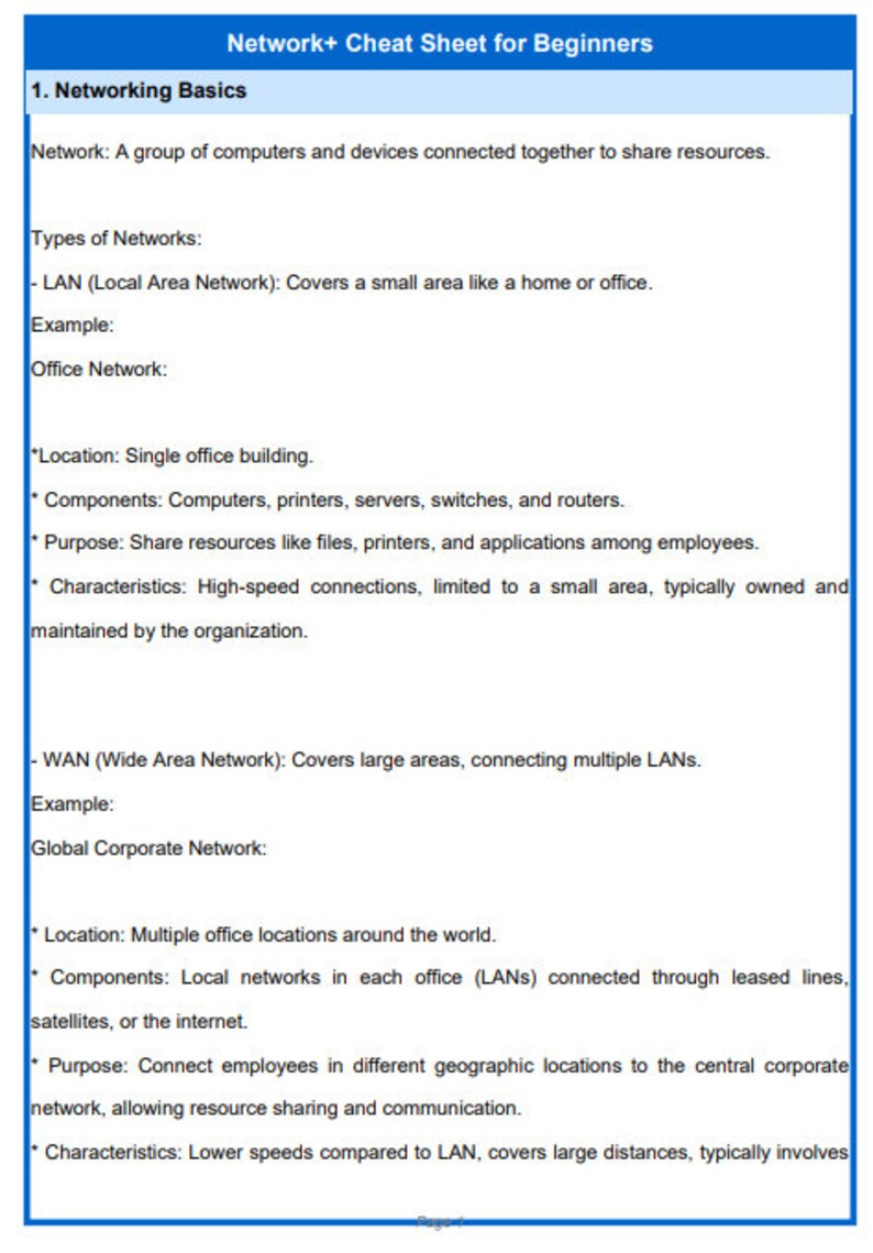 Comptia Network Cheat Sheet Packet Quick Reference Guide for Networking ...