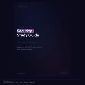May include: A dark blue study guide titled "Security+ Study Guide" with the text "COMPTIA SY0-701" at the top. The guide is a complete exam reference, designed for quick reference and exam-day confidence. The words "VISUAL STUDY GUIDE - DARK + PRINT - INSTANT DOWNLOAD" are at the bottom.