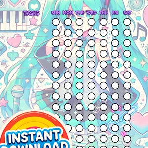 May include: A printable task list with a colorful design featuring a cartoon character. The list is divided into days of the week, with circles for each day to check off tasks. The text "TASK LIST" is at the top of the page, and "INSTANT DOWNLOAD" is at the bottom.