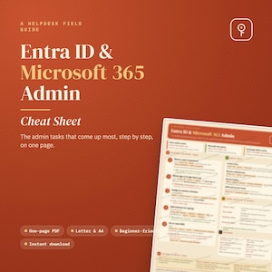 Arkusz informacyjny Entra ID i administratora Microsoft 365 | Wydrukowany przewodnik po obsłudze technicznej | Szybki przewodnik po pomocy technicznej w formacie PDF | Natychmiastowe pobranie