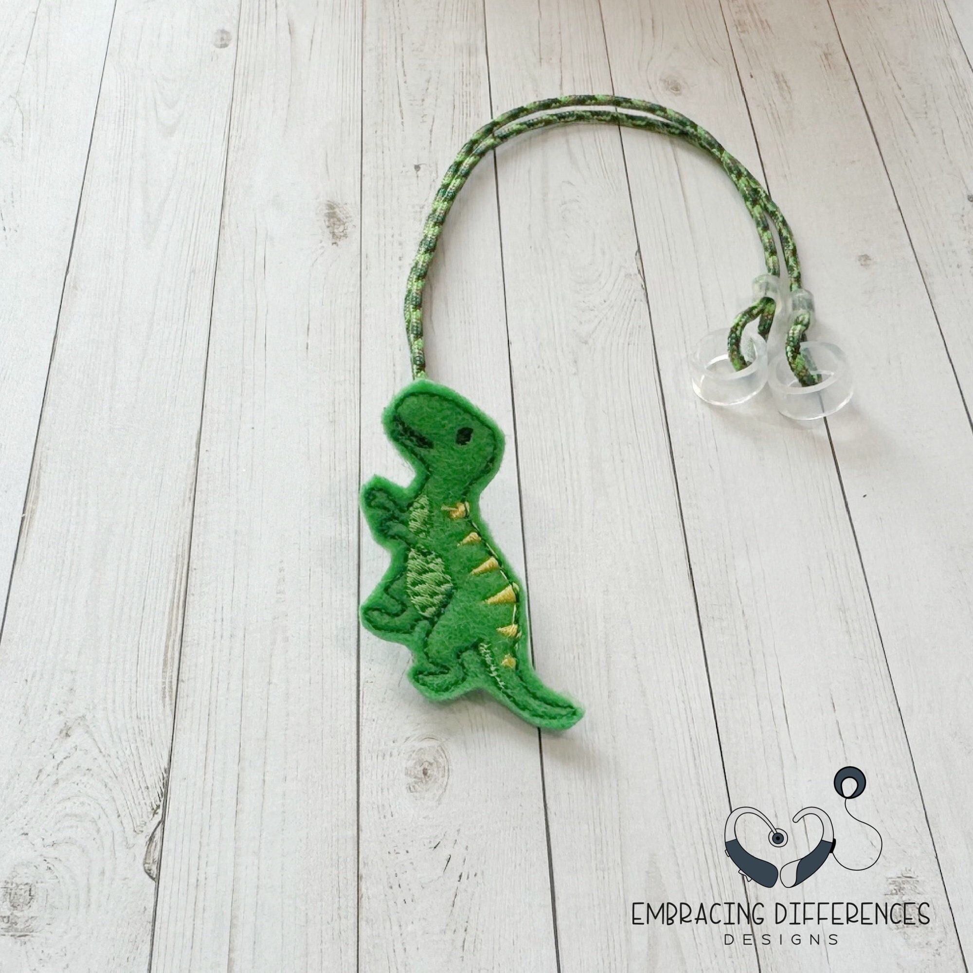 Green T-Rex Dinosaur Hearing Aid or Cochlear Implant Leash / Retention Cord / Lanyard / Clip