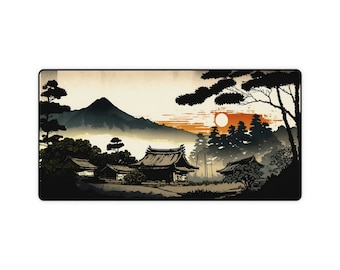 Japanese Ink Painting Desk Mat: Mountain Village Sunrise, Non-Slip Gamer Mouse Pad