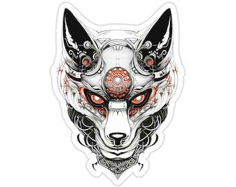 Cyberpunk Japanese Kitsune Helmet Sticker, Cyborg Futuristic Sci-Fi Decal, Japan Mythology Mens Womens Laptop Indoor Decoration