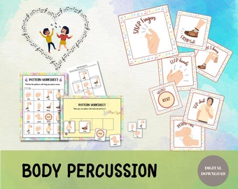 Body Awareness Cards and Activity Printable for Kids, Body Percussion Flashcards Music and Movement Class, Physical Education,  Body Parts