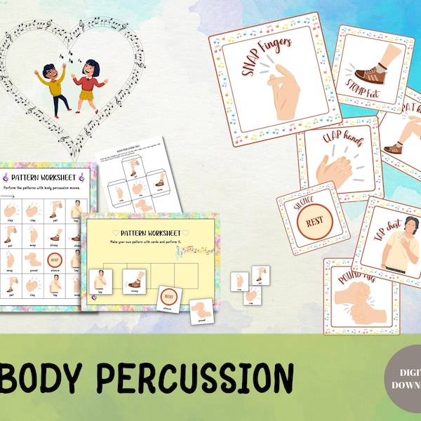 Body Awareness Cards and Activity Printable for Kids, Body Percussion Flashcards Music and Movement Class, Physical Education,  Body Parts