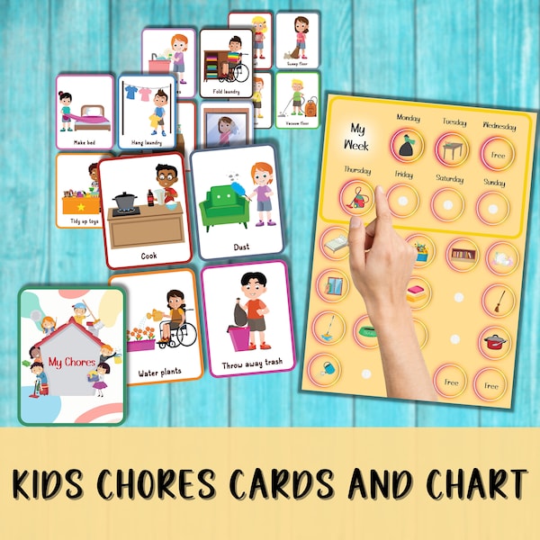 Kids Responsibility-Chore Cards and Chart, Preschool Daily Chores Visual Velcro Chart, Montessori, Toddler Printable Flashcard|Homeschool