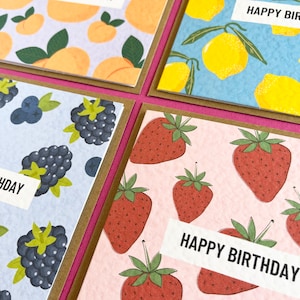 Carte d'anniversaire fruitée, lot de cartes d'anniversaire, lot de cartes d'anniversaire, lot de cartes d'anniversaire mixte, carte de citron, carte de fraise