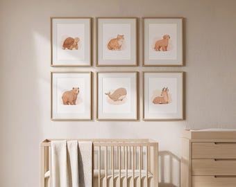 Juego de 6 láminas de animales neutros para habitación infantil: Arte mural minimalista escandinavo (descarga digital)