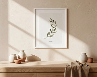 Arte mural imprimible para cocina mediterránea: decoración de ramas de olivo, estampado botánico de estilo rústico italiano neutro.