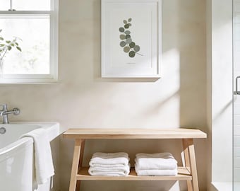 Arte minimalista para pared de baño imprimible: Impresión botánica de eucalipto, decoración de spa neutra, descarga digital