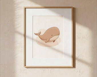 Lámina minimalista escandinava con ballenas neutras para guardería (descarga digital)