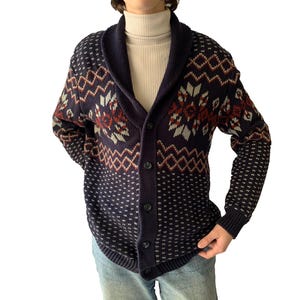 Vintage 90s Cotton Blue Knitted Cardigan with Ethnic Pattern, size L/XL