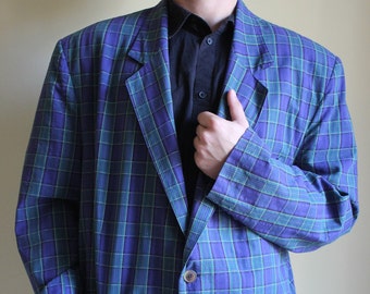 blazer vintage pour hommes multicolore en bleu, veste décontractée classique rétro colorée à carreaux à carreaux, Grande, taille XL