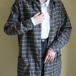 Vintage Long Plaid Women's Blazer/Jacket in blue/beige, oversize blazer, wool, size XL