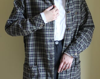 Vintage Long Plaid Women's Blazer/Jacket in blue/beige, oversize blazer, wool, size XL