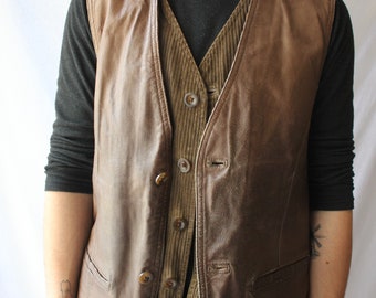 Vintage 90s leather/corduroy vest in brown, Size XL