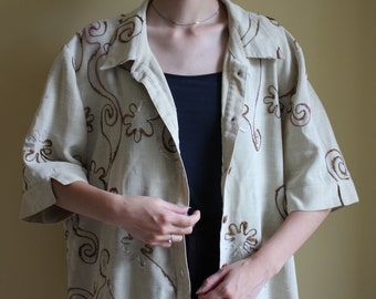 chemisier/chemise femme en lin vintage boutonné avec broderie, taille XL