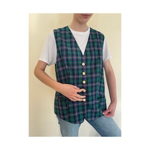 Vintage 80's Multicolour green Checked Vest with golden buttons, size XL