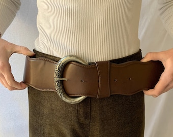 Brown eco-leather belt with vintage  buckle for women, 70s