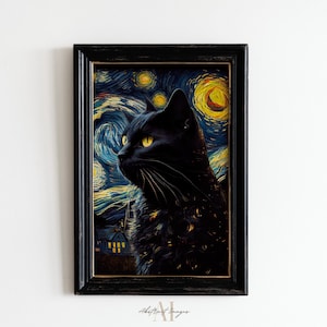 Vincent Van Goghs Die Sternennacht Katze Druck, Van Gogh Katze Leinwand, Schwarze Katze Kunst, Wohndekor, Lustige Katze Geschenk, Leinwand Gallery Wrap Download