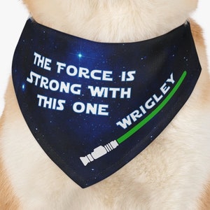 May include: A blue and black dog bandana with a galaxy print and the text "The Force is Strong With This One" and a green lightsaber with the name "Wrigley" written on it.