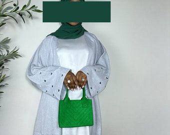 Ayla Hearts Embroidered Open Abaya - Green & Grey
