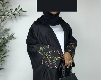 Ayla Flowers Embroidered Open Abaya - Black