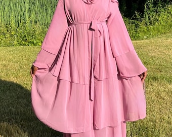 Jamila Layered Open Abaya with Matching Scarf- Pink