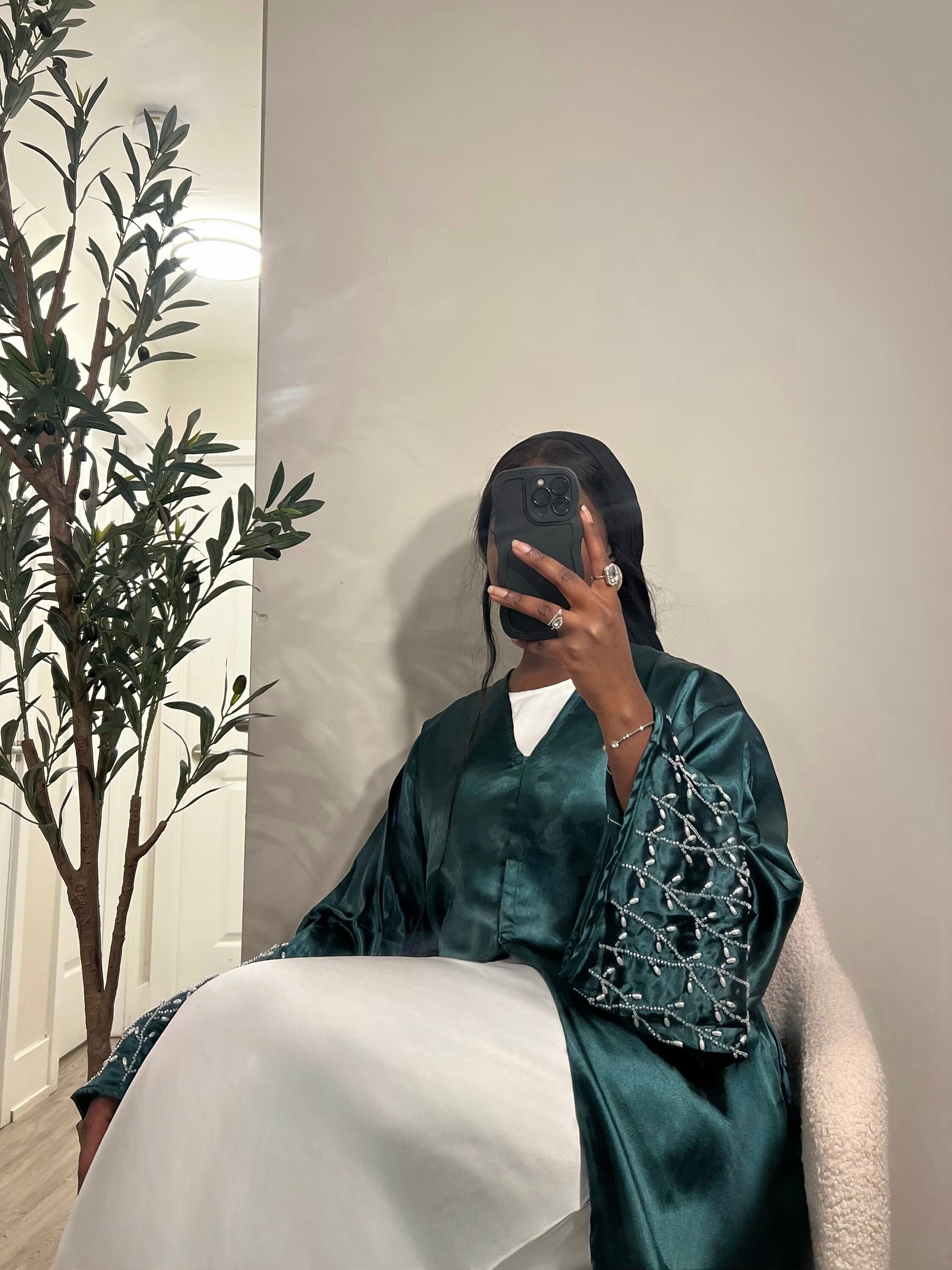Asma 2 Piece Satin Abaya Set- Green