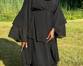 Jamila Layered Open Abaya with Matching Scarf- Black
