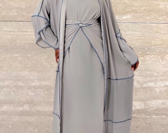 Assia 3 piece Abaya Set- Grey
