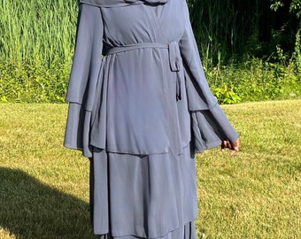 Jamila Layered Open Abaya with Matching Scarf- Blue