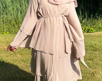 Jamila Layered Open Abaya with Matching Scarf- Beige