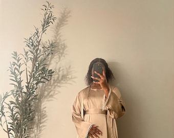 Yara 2 Piece Satin Abaya Set- Beige