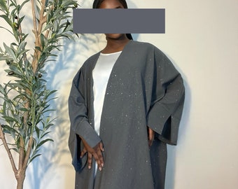 Hasna Sparkly Glitter Open Abaya- Grey