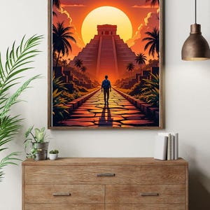 Mexico Travel Poster – Chichen Itza Sunset Illustration, Digital Wall Art Print, Ancient Temple Artwork, Printable Adventure Decor