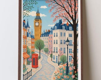 London Illustration Art Print, Big Ben, Tower Bridge (Digital Download)