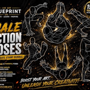 May include: A digital art bundle titled The Art Blueprint Co. Male Action Poses Procreate Stamp Bundle. It features five white-outlined human figures in dynamic action poses against a black background with glowing gold light effects and text.