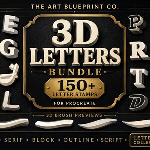 Può includere: Un pacchetto digitale di timbri con lettere 3D per Procreate, che riporta il testo THE ART BLUEPRINT CO., 3D LETTERS BUNDLE, 150+ LETTER STAMPS, FOR PROCREATE, 3D BRUSH PREVIEWS, SERIF, BLOCK, OUTLINE, SCRIPT e LETTERING COLLECTION.