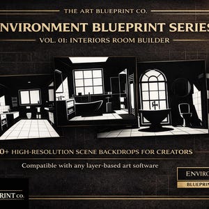 May include: Environment Blueprint Series Vol. 01: Interiors Room Builder. The image features a series of black and white interior room backdrops, including bathrooms and other spaces. The text indicates 200+ high-resolution scene backdrops for creators, compatible with layer-based art software.