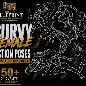 May include: A digital art bundle titled The Art Blueprint Co. Curvy Female Action Poses Procreate Stamp Bundle featuring 150+ high quality action stamps. The graphic displays white line art sketches of figures in various dynamic action poses on black.