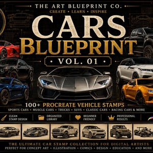 May include: A digital collection of 100+ vehicle stamps for Procreate titled Cars Blueprint Vol. 01. The graphic features various sports cars, muscle cars, trucks, and SUVs in red, black, blue, silver, white, and orange against a dark background.