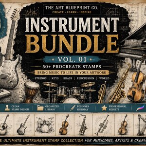 May include: A digital bundle of 50+ Procreate instrument stamps featuring illustrations of guitars, a piano, a drum kit, a saxophone, a trumpet, a violin, a cello, and a harp. The text reads THE ART BLUEPRINT CO. INSTRUMENT BUNDLE VOL. 01.