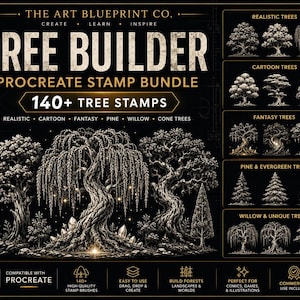 May include: A digital product advertisement for The Art Blueprint Co. Tree Builder Procreate stamp bundle featuring 140+ tree stamps. The black background displays various tree illustrations including realistic, cartoon, fantasy, pine, and willow styles.