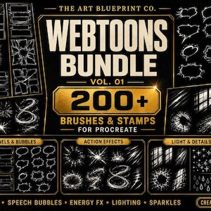 May include: A digital asset collection titled The Art Blueprint Co. Webtoons Bundle Vol. 01, featuring 200+ brushes and stamps for Procreate. The graphic displays various comic panels, speech bubbles, action effects, lighting, and sparkle elements.