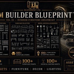 Pode incluir: Um kit de design digital intitulado Room Builder Blueprint Vol. 02 com mais de 250 carimbos de arquitetura, móveis e decoração para Procreate. O layout preto e dourado exibe ícones de linhas de entradas, sofás, mesas e iluminação.