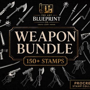 May include: A digital collection of 150+ weapon stamps for Procreate, featuring white line art illustrations of various swords, axes, hammers, maces, and firearms on a black background with the text THE ART BLUEPRINT CO. WEAPON BUNDLE.