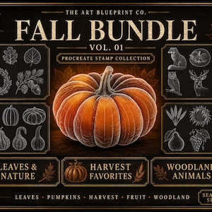 Op de afbeelding: Een digitale kunstcollectie getiteld The Art Blueprint Co. Fall Bundle Vol. 01 Procreate Stamp Collection. De afbeelding toont een centrale oranje pompoen omringd door witte lijntekeningen van bladeren, pompoenen, bosdieren en fruit.